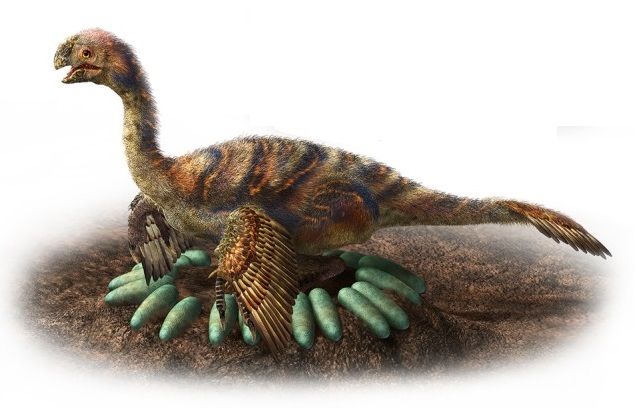 Dinosaur seating on the top of its eggs